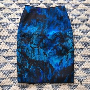 Zara Collection Black Blue Watercolor Artsy Pencil Skirt Back Slit 100% Cotton M